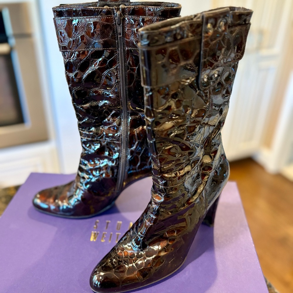 Stuart Weitzman Dark Brown Croc-Embossed Heeled Boots
